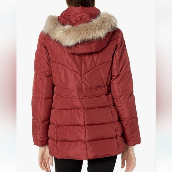 Larry Levine puffer jacket fur trim hood pockets quilted chevron rust red L - Picture 2 of 13